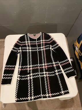 Women's Black Plaid Button Front Coat with Pink & White Accents